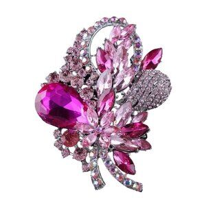 Large Pink Brooch A/B Crystal Rhinestone Bouquet Silver Tone